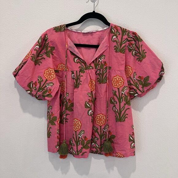 Thml Puff Sleeve Floral Tassel Tie Top Pink Multi XS Tropical Vacation Resort - Picture 3 of 10